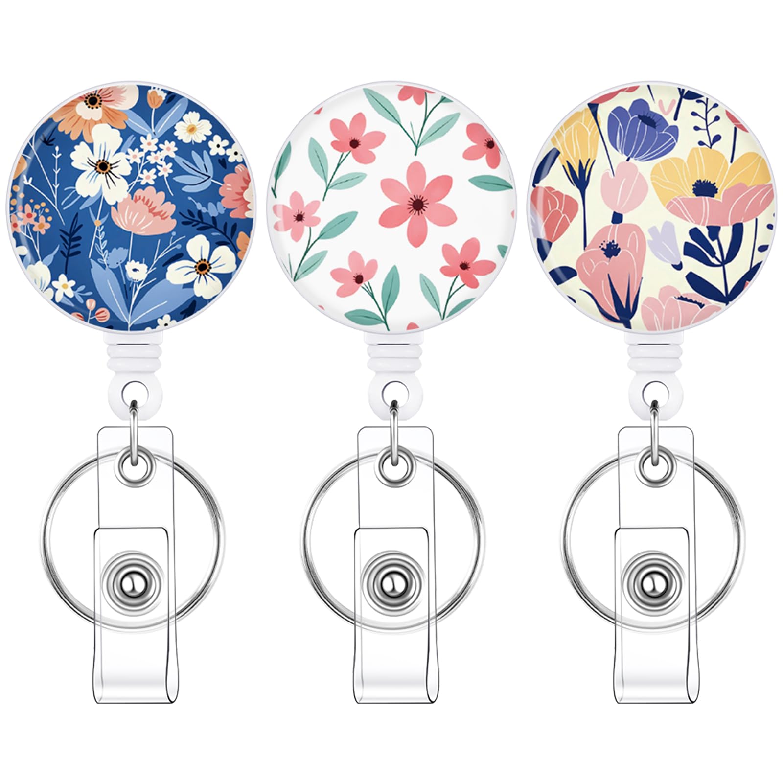 Photo 1 of BESARME 3 Pack Badge Reels Retractable Badge Clip with Key Ring Retractable Badge Holders for Office Worker Teacher Nurse Student?Flower?