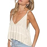 VNIRA Womens Sleeveless Peplum Spaghetti Strap Babydoll V Neck Ruffle Loose Fit Waffle Knit Crop Boho Tank Tops