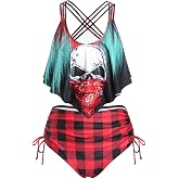 ROSE GAL Rosegal Women Plus Size Gothic Tankini Swimsuit Skull Print Crisscross Flounce Two Piece Bathing Suit