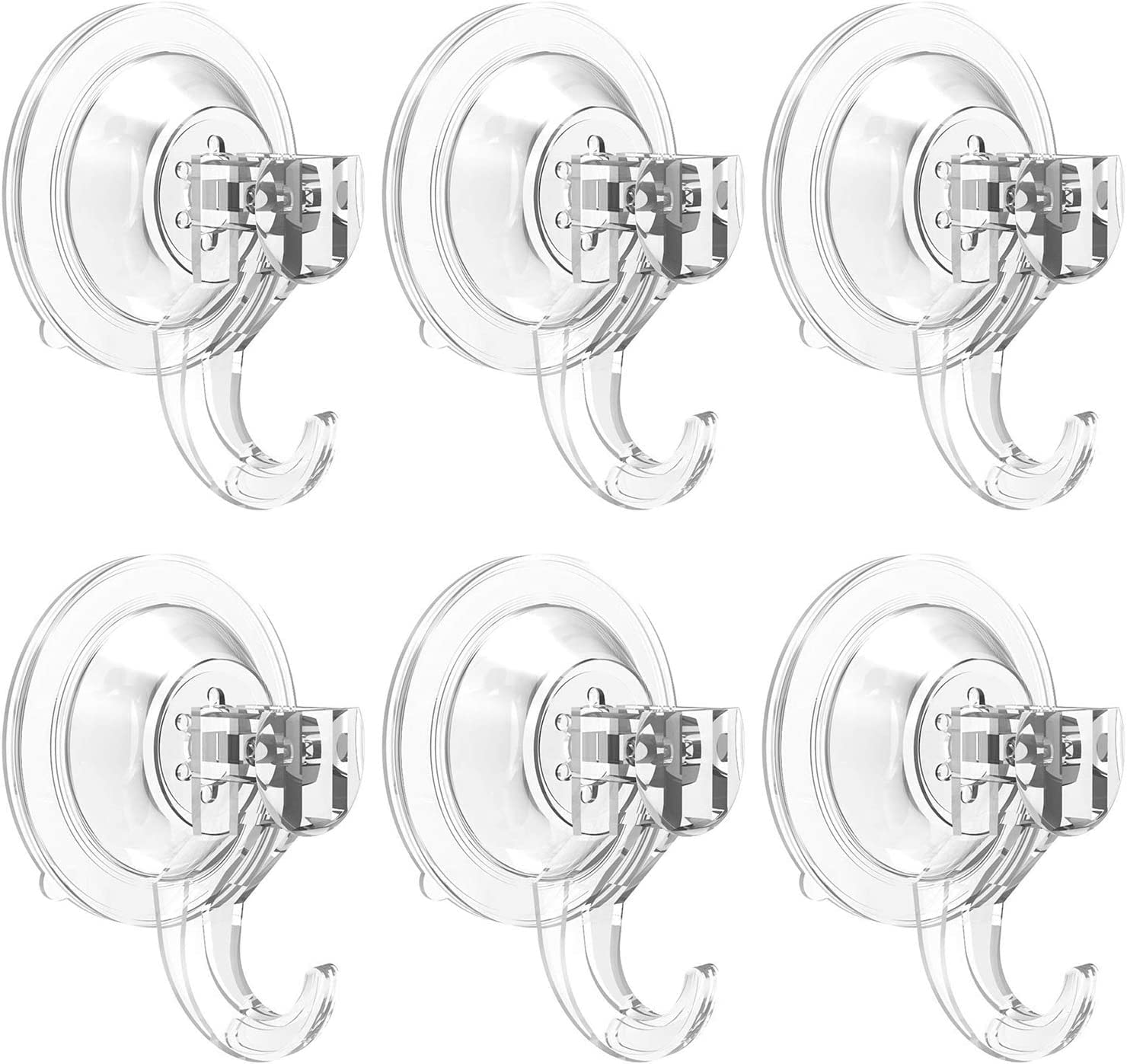 Elegear Suction Hooks for Bathroom, 3Kg Heavy Duty Plastic Strong Vacuum Suction Cup, Reusable Sucker Hook for Shower Kitchen Window Front Door Hanging Towel Caps Bags Coats Xmas Wreath, 6 Pack, Clear