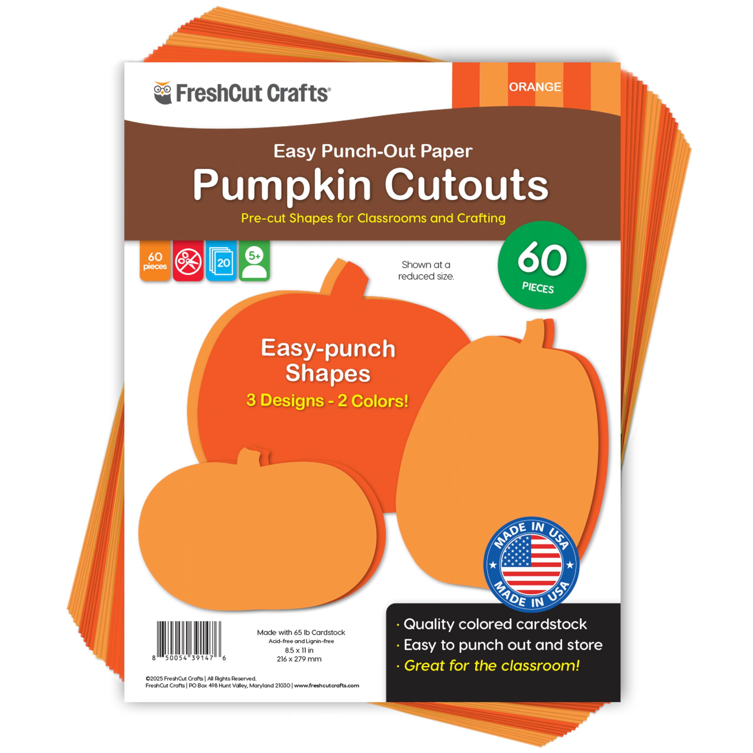 Photo 1 of 60 Pieces Pumpkin Cutouts for Fall Crafts and Classroom Decor, Orange Paper Shapes in Three Designs for Halloween Projects, Bulletin Boards, Autumn Activities, Double Sided USA Made Cardstock