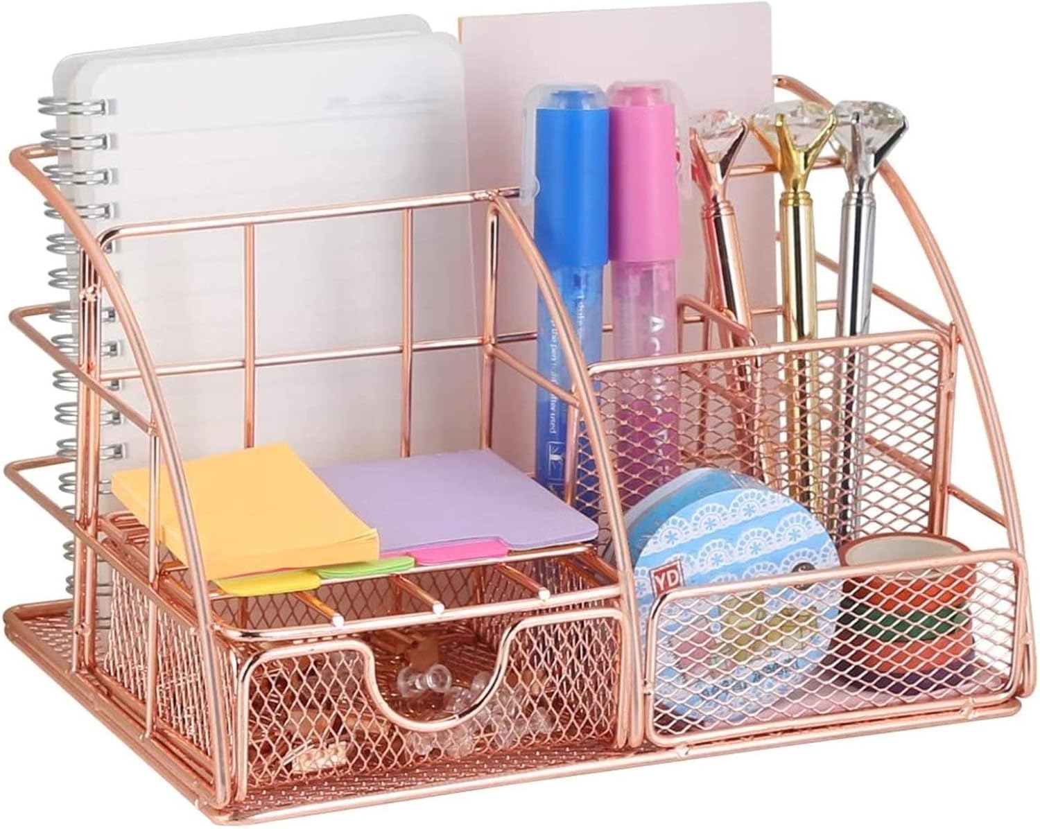 Rose Gold Desk Organizer with Drawer,File Tray and 4 Upright Sections for Pen,Marker,Paper etc, Mesh Metal Multi-Use Stationery Desktop Organizer for Office,School,Home: Home Improvement