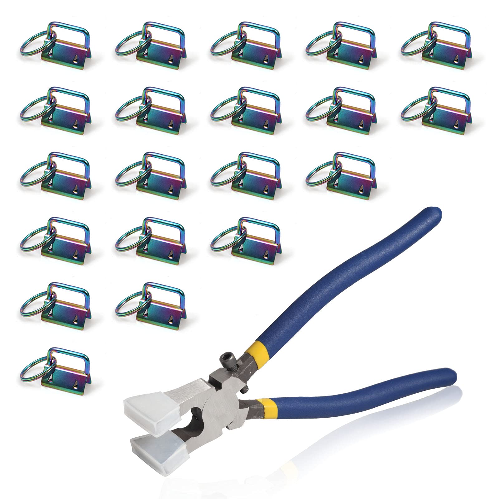 SPEEDWOX 20 Pcs 1" Rainbow Key Fob Hardware Set with Key Fob Pliers, 8" Glass Breaking Pliers with Rubber Tips PVC Handles, for Webbing Fabric Strapping Wristlet Keychain Key Lanyard Making