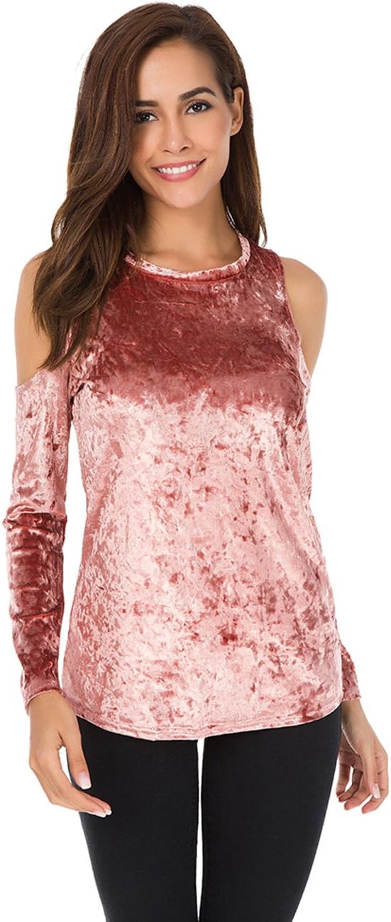 Siteluoyi Womens Long Sleeve Gold Velvet Shirts Pullover Top Crew Neck Cold Shoulder