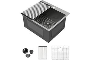 GhomeG 25 Drop In Laundry Sink 25x22x13 Inch Black Laundry Utility Sink Drop In Topmount Single Bowl 16 Gauge Stainless Steel Above Counter Kitchen Laundry Room Sinks