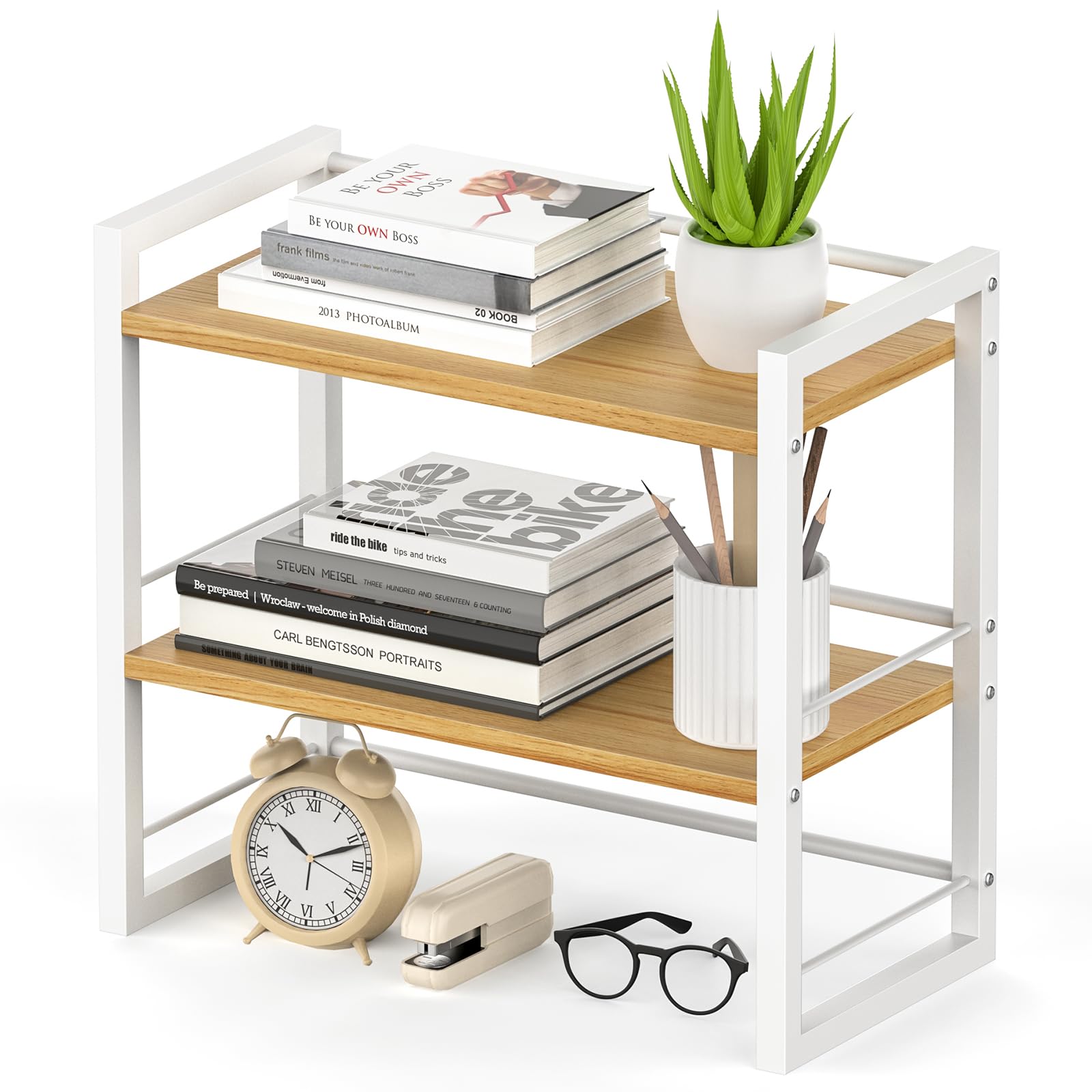 THYGIFTREE Office Desk Shelf Organizer, Wood Desktop Bookshelf Supplies Storage Rack, Shelf for Top of Desk and Dresser (WHITE)