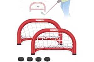 Hikeen 14×8 Inch Mini Hockey Goal, 2 Packs Hockey Goal with Durable Iron Frame & Nylon Net and 4 Hockey Pucks Can Withstand P