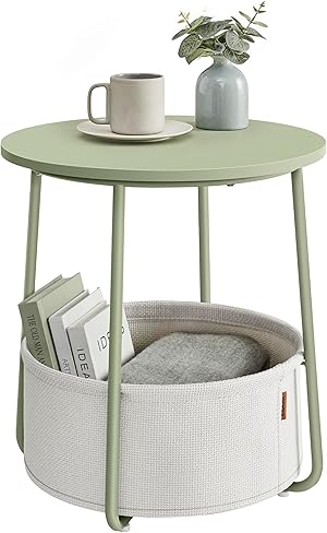 VASAGLE Beistelltisch rund, Kleiner Tisch, Couchtisch klein, Wohnzimmertisch, Korb aus Stoff, Stauraum für Wohnzimmer Schlafzimmer, Nachttisch modern, lorbeergrün-cremeweiß LET223C69