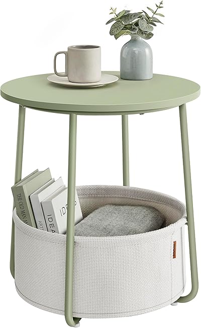 VASAGLE Beistelltisch rund, Kleiner Tisch, Couchtisch klein, Wohnzimmertisch, Korb aus Stoff, Stauraum für Wohnzimmer Schlafzimmer, Nachttisch modern, lorbeergrün-cremeweiß LET223C69