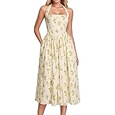 Parthea Women's Floral Halter Corset Midi Dress 2026 Elegant Smocked Flowy Wedding Guest Dresses with Pockets