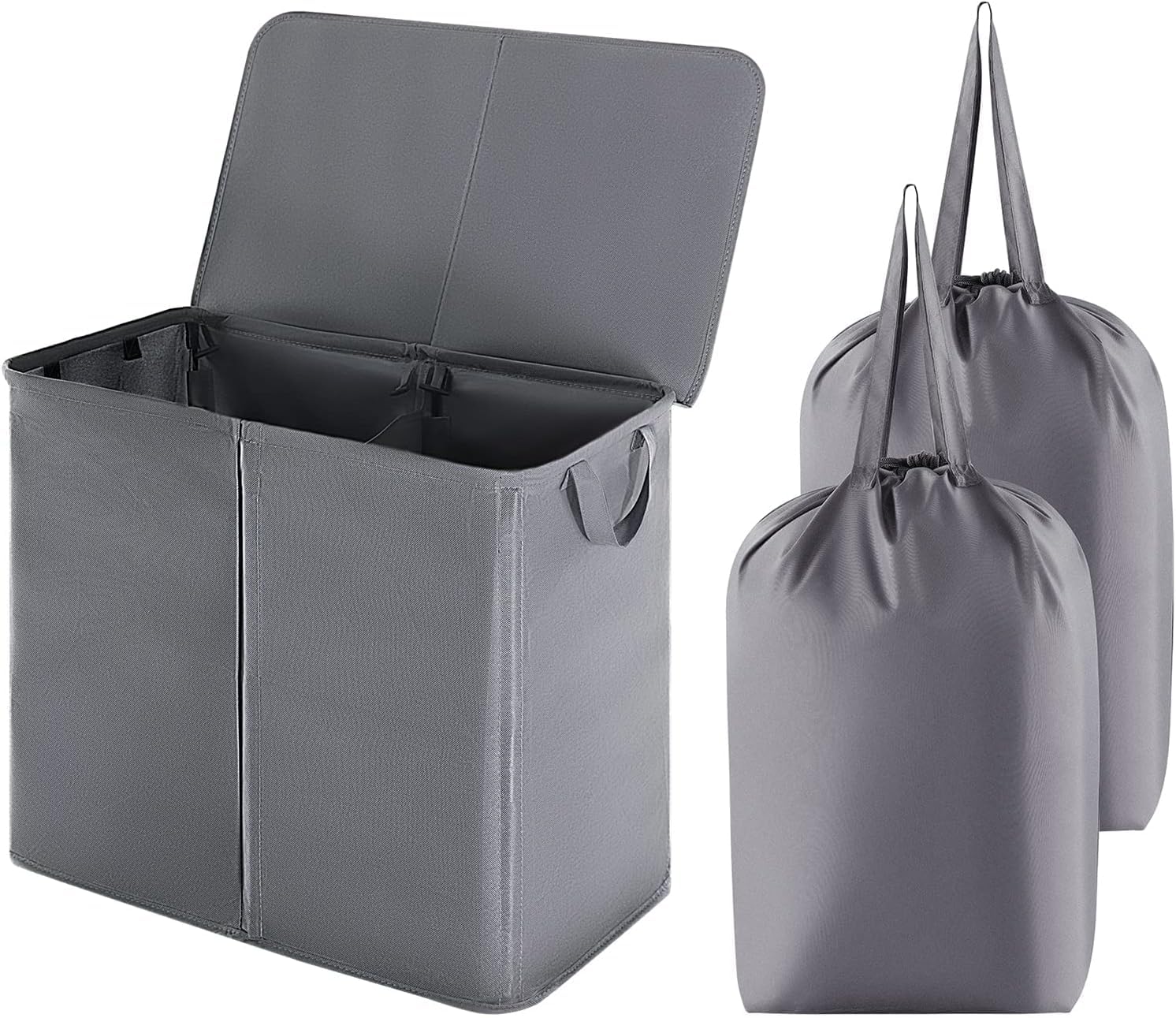 Lifewit 105L Double Laundry Hamper with Lid and Removable Laundry Bags, Divided Basket with Handles, Large Separated Clothes Basket for Bedroom, Bathroom, College Dorm, Laundry Sorting, Grey