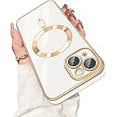 Dinick Designed for iPhone 13 Case with Magnetic [Built-in Camera Cover] Compatible with MagSafe Soft TPU Glitter Cover Anti-Scratch Protective Slim for iPhone 13 Case White and Gold