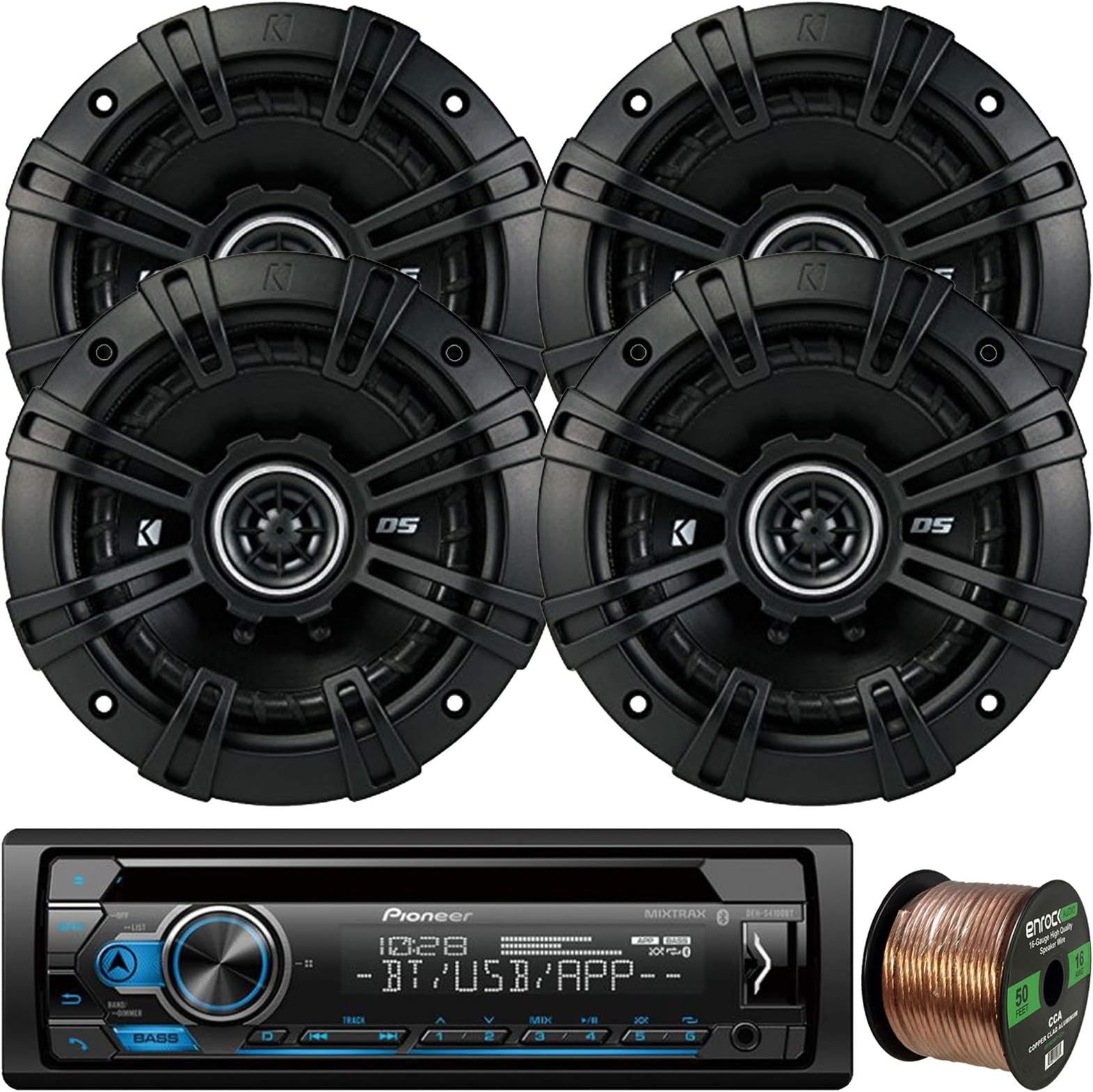 Pioneer DEH-S4100BT in-Dash Single-DIN CD Player Bluetooth Receiver, 4 x Kicker DSC50 DS Series 5.25" 4-Ohm Coaxial Car Audio Speakers, 16-Gauge 50Ft. Speaker Wire