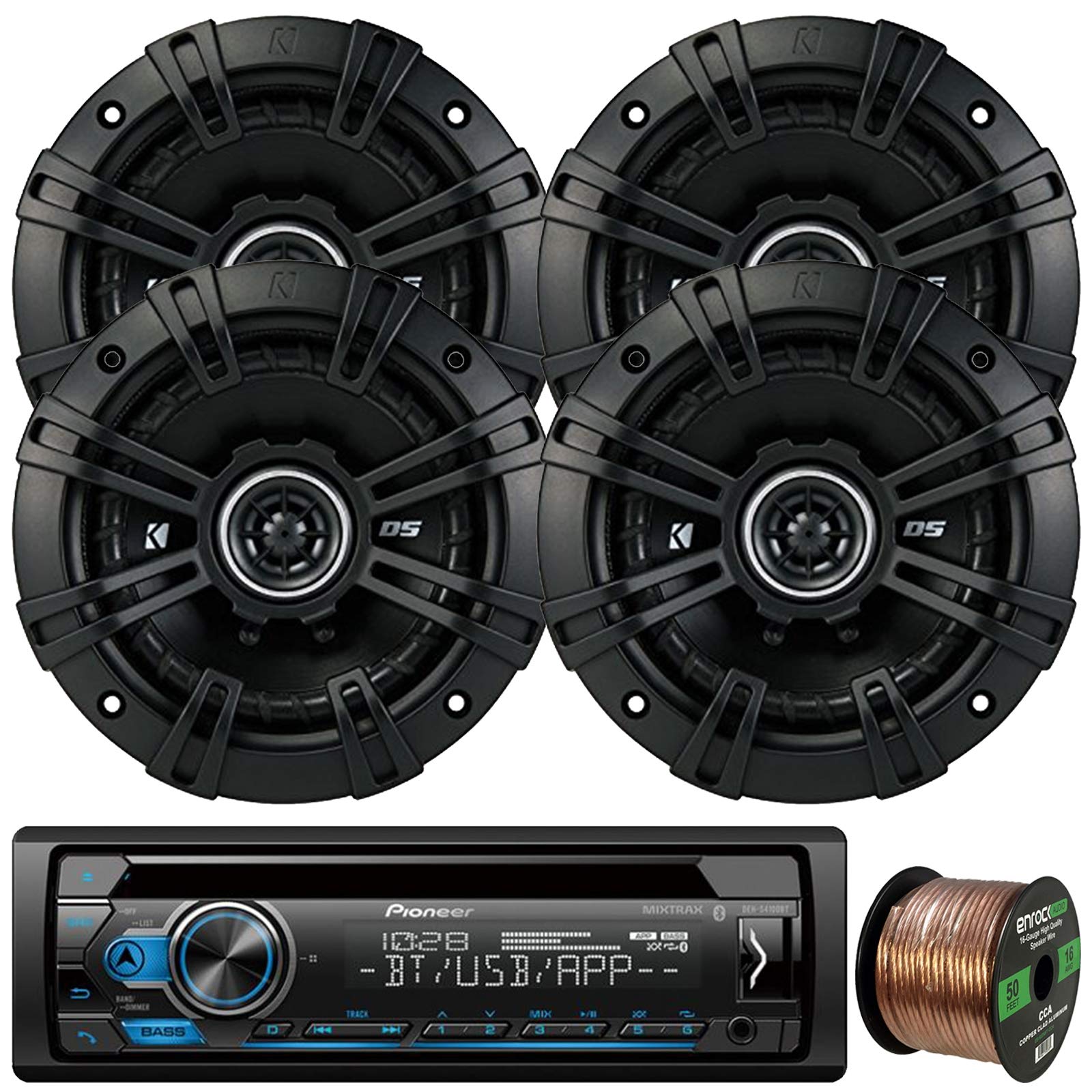 Pioneer DEH-S4100BT in-Dash Single-DIN CD Player Bluetooth Receiver, 4 x Kicker DSC50 DS Series 5.25" 4-Ohm Coaxial Car Audio Speakers, 16-Gauge 50Ft. Speaker Wire