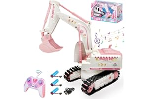 Kodbiby Pink RC Excavator, 6 Channel 2.4Ghz RC Construction Vehicle,1:24 Scale Pink Excavator Toy with 360° Rotation, Light Sound and DIY Stickers Birthday Gift for Teens Adults (3 Battery)