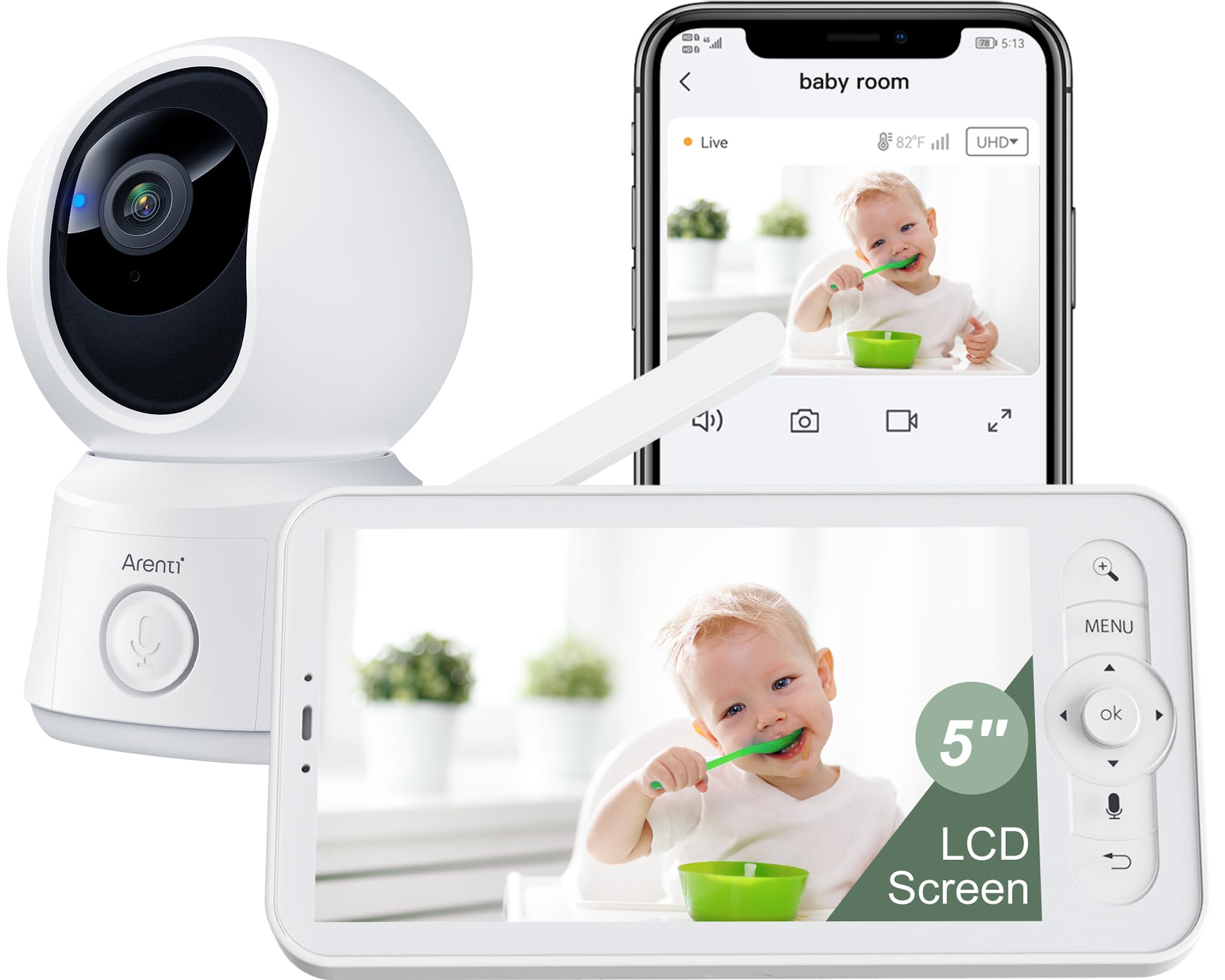 Photo 1 of ARENTI WiFi Baby Camera Monitor, 5-inch Screen, Smartphone App, Motion Tracking, Timed Detection, Encrypted Connection, Super Night Vision, 2-Way Talk, Temp Sensor, Lullaby, Support Local Storage