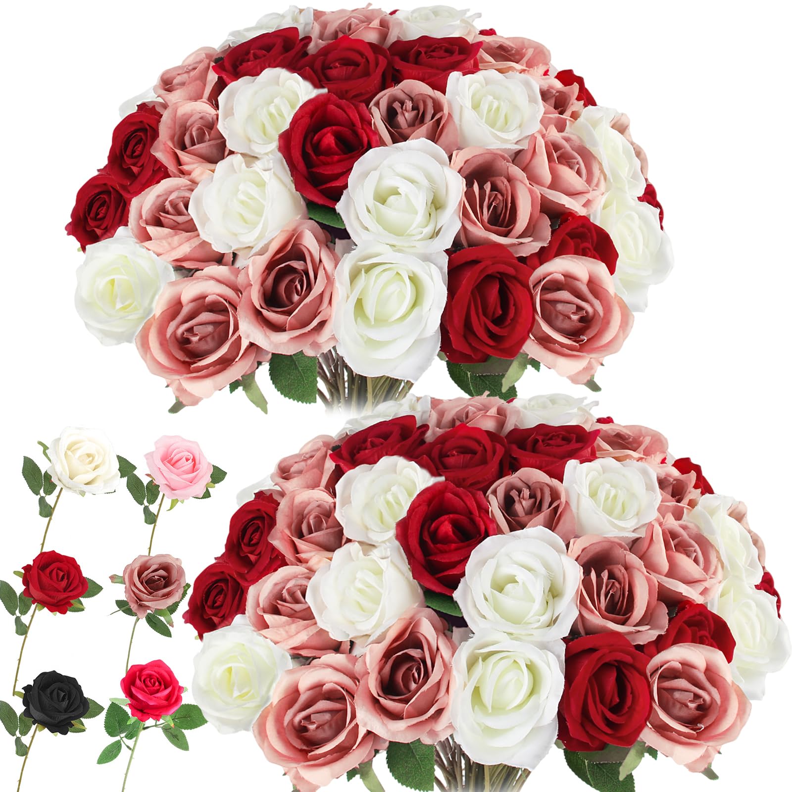LELEE Artificial Roses Bulk White Rosy Silk Rose with Stem, 52pcs Fake ...