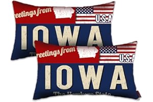 Doraloko Iowa Throw Pillow Cover 12x20 Set of 2, Iowa Decor Gift Souvenir, American Flag License Plate Lumbar Pillowcase, Greetings from The Hawkeye State(IA, USA) - Cushion Case Sham, No Inserts