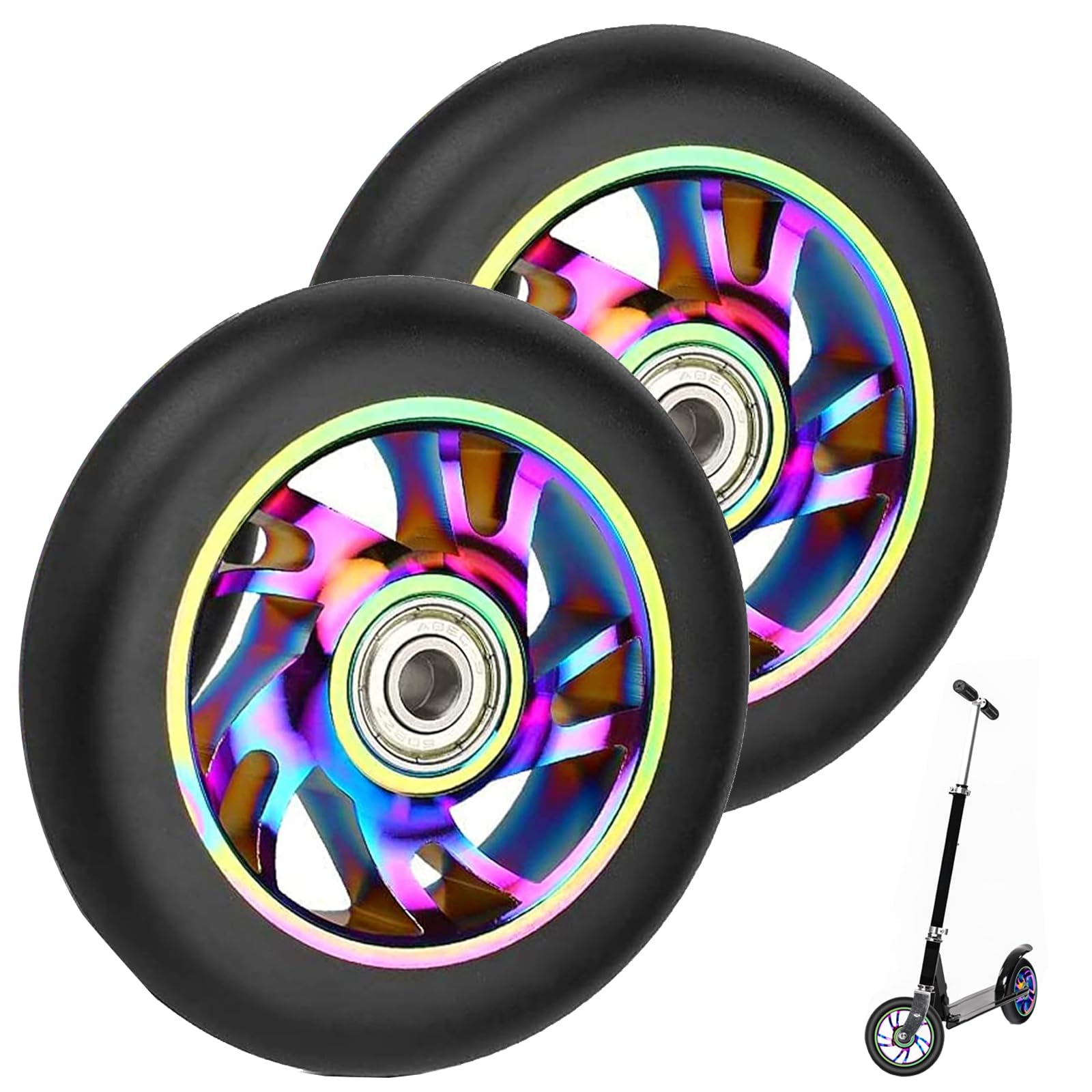 Pair 100mm Scooter Wheels with ABEC 9 Bearings Fit for Razor/Apollo/Cox Swain Stunt Scooters, Alloy Series Pro Stunt Scooter Wheel,2pcs Replacement PVC Roller Wheels