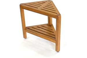 Asta Bora Solid Teak Indoor Outdoor Shower/Bath/Spa Corner Stool with Shelf, Fully Assembled, SpaTeak Collection, TB-009