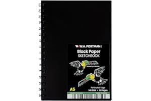 W.A. PORTMAN WA Portman Black Paper Sketchbook - A5 (6" x 8.25") Black Sketchbook for Drawing - Acid-Free 140 GSM 60 Pages (30 Sheets) Drawing Pad Journal - Ideal Sketch Pad for Kids and Adults