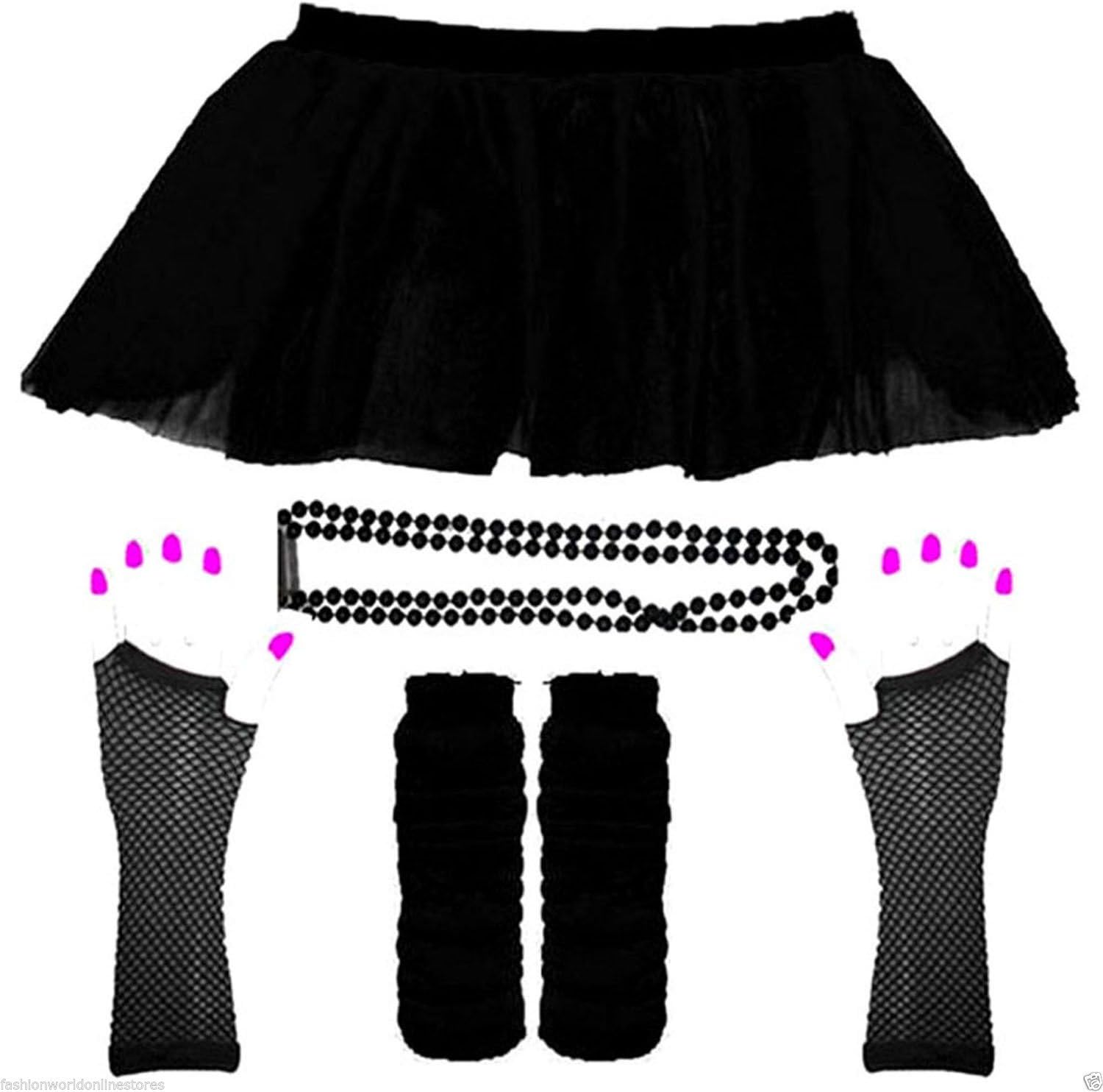 NEW ADULTS NEON UV 1980s GIRLS FANCY DRESS HEN PARTY TUTU COMPLETE SET 8-16 (UK 8-16, Black)