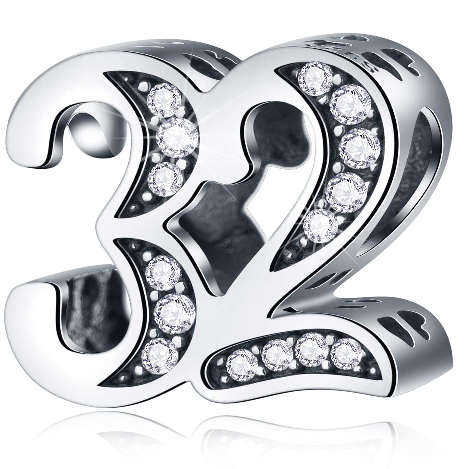 32 Birthday Charms fits Pandora Wedding Bracelet, 925 Sterling Silver 32nd Anniversary CZ Beads, Number 32 Years Old Gifts for Christmas/Valentines Day/Bridal