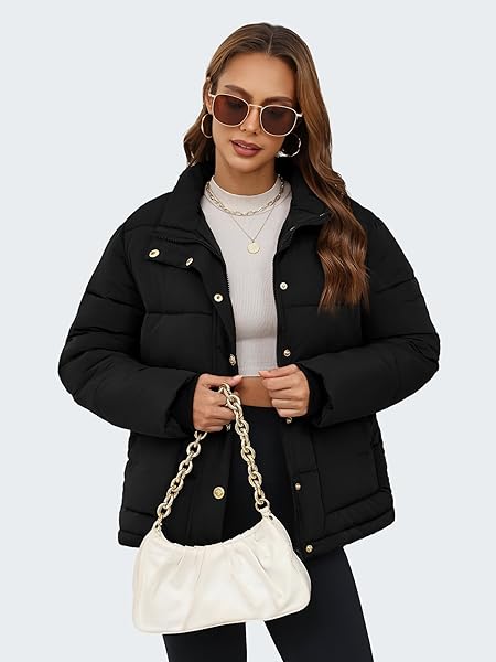 FUNLINGO WOMENS WINTER PUFFER JACKET CASUAL STAND COLLAR ZIP UP WARM CROPPED COATS LIGHTWEIGHT QUILTED PADDED OUTERWEAR WITH POCKETS BLACK S