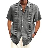 WDIRARA Men's Big and Tall Striped Crochet Button Down Shirt Half Sleeve Collared Knit Tops Grey 5X-Large