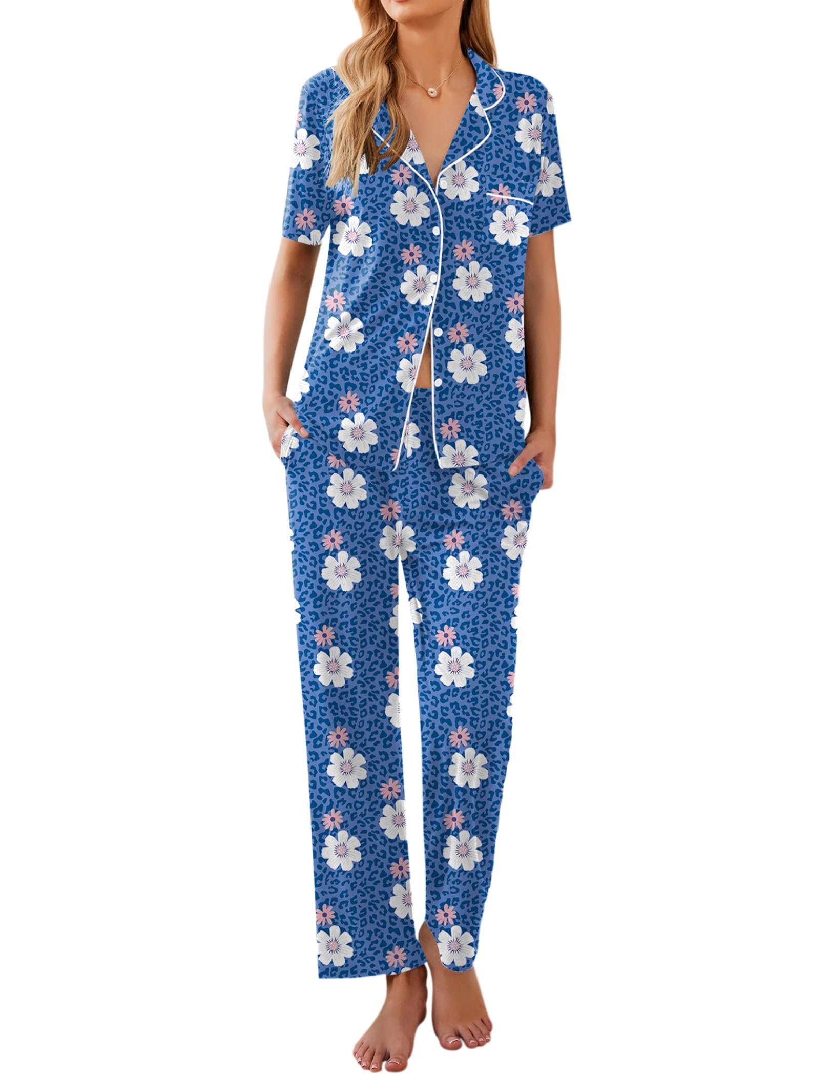 Ekouaer Women Pajamas Set Button Down Sleepwear Short Sleeve Nightwear with Long Pants Soft Pjs Set Flowers Leopard XL Image