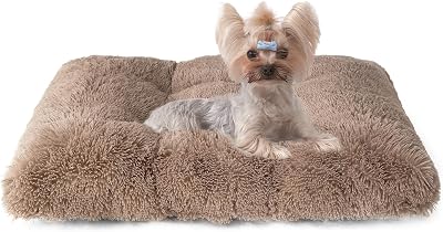 EHEYCIGA Fluffy Small Dog Crate Bed Calming Anti Anxiety Camel 60x45x7.5cm