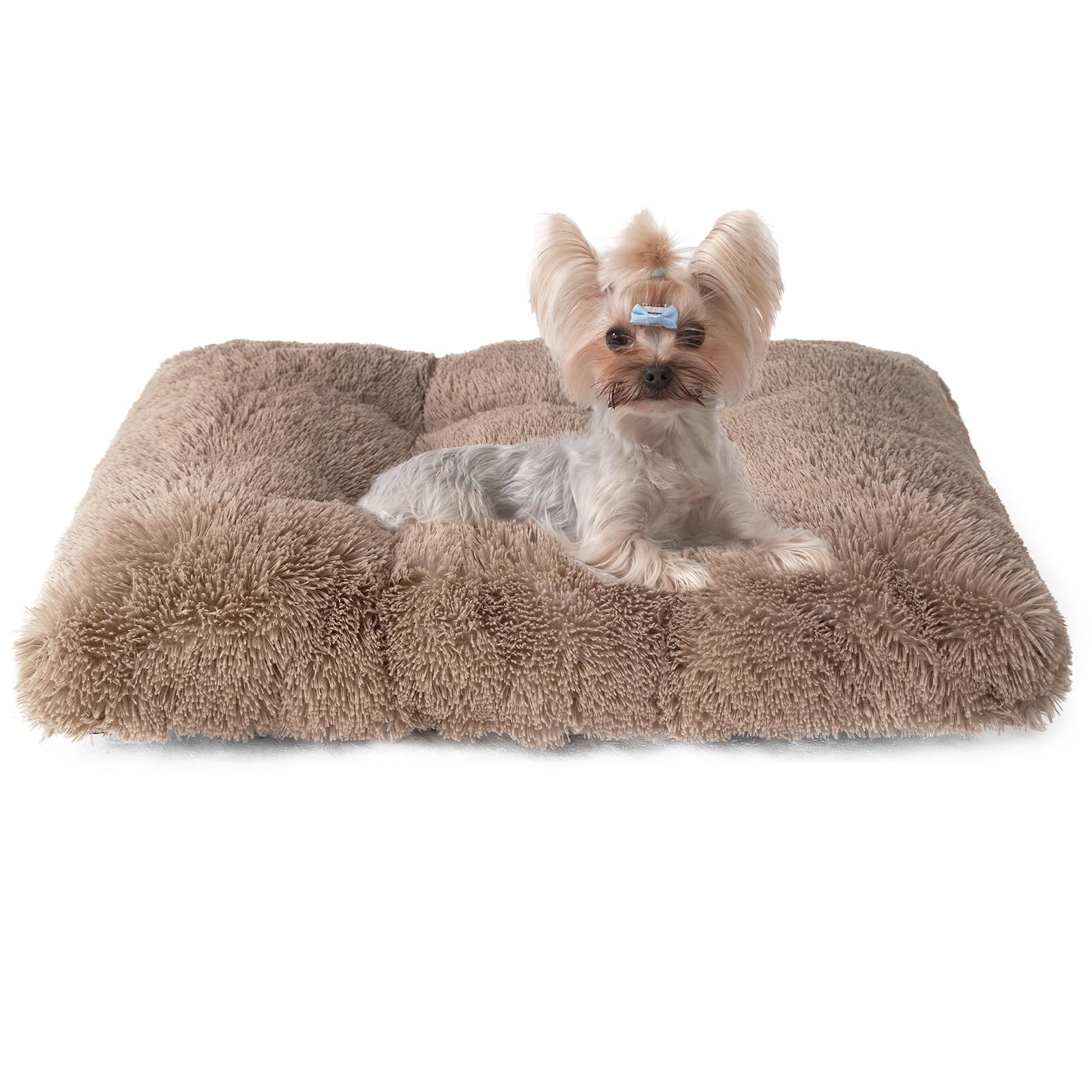 EHEYCIGA Fluffy Small Dog Crate Bed, Calming Anti Anxiety Pet Bed Washable, Dog Mat Mattress for Crate with Anti-Slip Bottom, Camel, 60x45x7.5cm