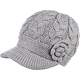 Womens Winter Elegant Cable Flower Knitted Newsboy Cabbie Cap Beret Beanie Hat with Visor, Warm Plush Fleece Lined