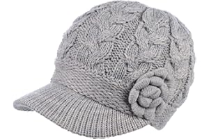 BE YOUR OWN STYLE Womens Winter Elegant Cable Flower Knitted Newsboy Cabbie Cap Beret Beanie Hat with Visor, Warm Plush Fleece Lined