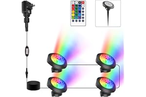 CREPOW RGBW Pond Lights with Timer, 18 LED Super Bright Underwater Submersible Fountain Lights Color Changing Spotlights, Remote Control IP68 Waterproof for Fish Aquarium Tank Garden Pool (Set of 4)