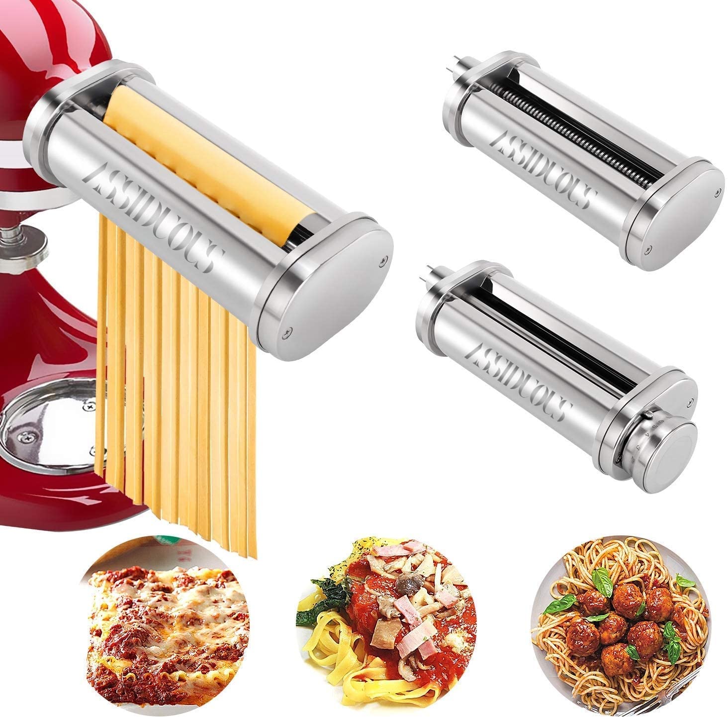 Assiduous Stainless Steel Pasta Maker for Kitchenaid, 3-Piece Set, Manual, 8 Settings
