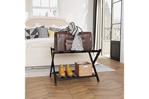 Semiocthome Fully Assemble Luggage Rack, Folding Suitcase Stand with Storage Shelf, Suitcase Rack fit Most Luggage, for Guest Room Bedroom and Hotel, Black