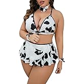 WDIRARA Women's Plus Size Cow Print Maid Costume Lace Trim Bralette and Skirt Lingerie Set with Choker
