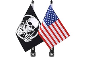 AOCHUANG 2 Pcs Motorcycle Flagpole Mount Foldable 90° with American Flag and Punk Skull Flag 6x9 Flag Holder Fit for 1/2'' Motorcycle Luggage Rack Harley Davidson Road King Touring Spring Honda Goldwing etc.
