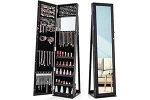 CHARMAID Jewelry Armoire Cabinet with 62" Tall Full Length Mirror, Lockable Standing Jewelry Organizer with Large Storage Capacity, Inside Makeup Mirror, Stable Base, Easy Assembly (Black)