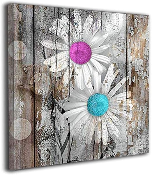 Amazon Com Canvas Wall Art Rustic Teal Coral Daisy Flowers Contemporary Home Wall Decorations For Bathroom Bedroom Living Room Paintings Canvas Prints Framed Teal Coral Daisy Flowers 12x16incher Posters Prints