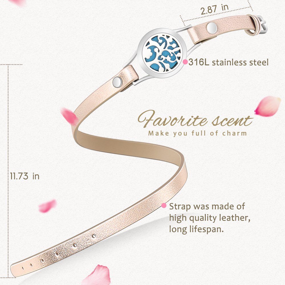 Essential Oil Diffuser Bracelet,Stainless Steel Aromatherapy Locket Bracelets Leather Band with 8 Color Pads,Girls Women Jewelry Gift Set