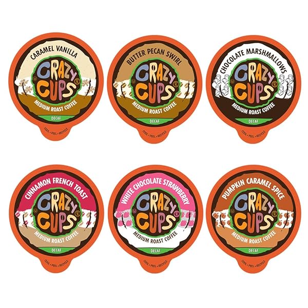CRAZY CUPS FLAVORED DECAF COFFEE VARIETY PACK, HOT OR ICED COFFEE FOR KEURIG K CUPS MACHINES, DECAF VARIETY PACK COFFEE IN RECYCLABLE PODS, 24 COUNT (PACK OF 1)