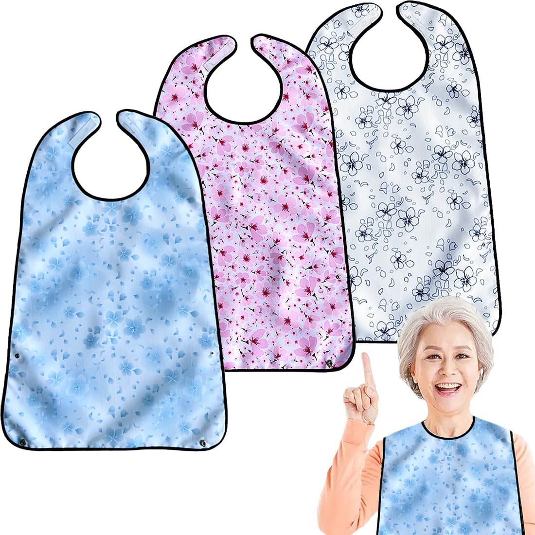 VOPHIA 3 Pack Adult Bibs for Women Washable Bib Reusable Waterproof Clothing Protector with Optional Crumb Catcher (Refreshing)