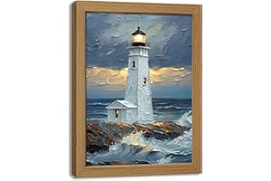 Blue Ocean Island Lighthouse Wall Art, Coastal Waves Textured Canvas Prints Poster Wall Decor Gifts, Preppy Style Home Decor 