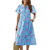 Wenrine Womens Summer Floral Midi Dress Casual Short Sleeve V Neck Flowy Ruffle Boho Beach Sundress with Pockets