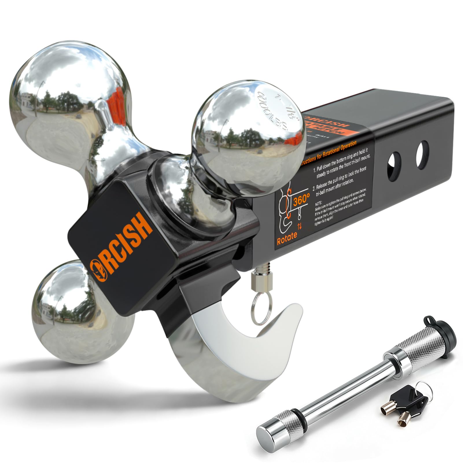 ORCISH 360ยฐ Swivel Trailer Hitch, Tri-Ball Mount with Heavy Duty Hook & Anti-Theft Lock, Chrome-Plated Trailer Ball Size 1-7/8", 2" and 2-5/16", Fit 2 Inch Hitch Receiver, Rotating Tow Hitch Image ORCISH 360ยฐ Swivel Trailer Hitch, Tri-Ball Mount with Heavy Duty Hook & Anti-Theft Lock, Chrome-Plated Trailer Ball Size 1-7/8", 2" and 2-5/16", Fit 2 Inch Hitch Receiver, Rotating Tow Hitch Image