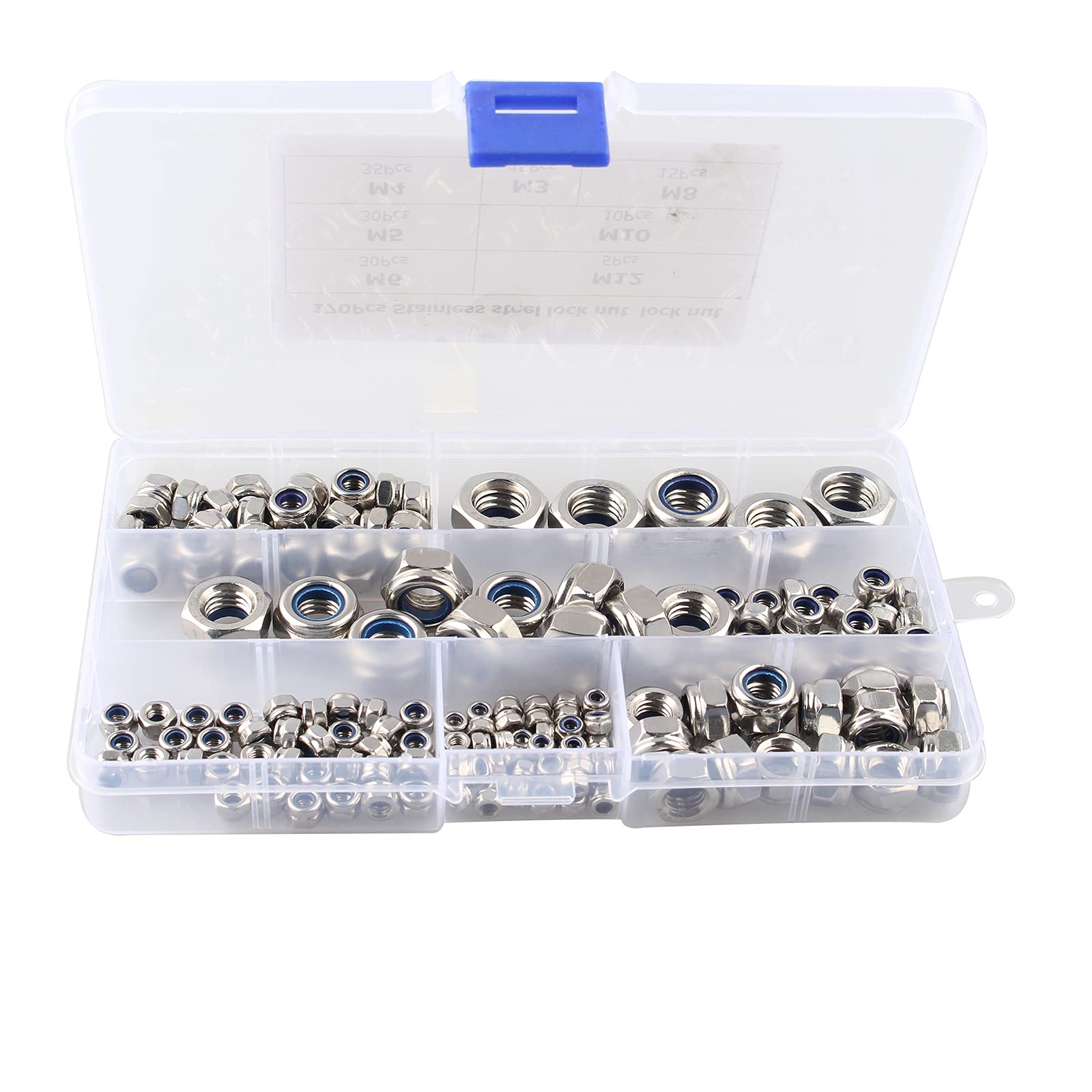 HALJIA 170PCS Lock Nuts Assortment, Stainless Steel Locknut M3 M4 M5 M6 M8 M10 M12 Threaded Inserts Hex Nut Set, 7 Sizes M3-M12 Nylon Insert Hex Nut Assorted Locking Nuts with Assortment Box