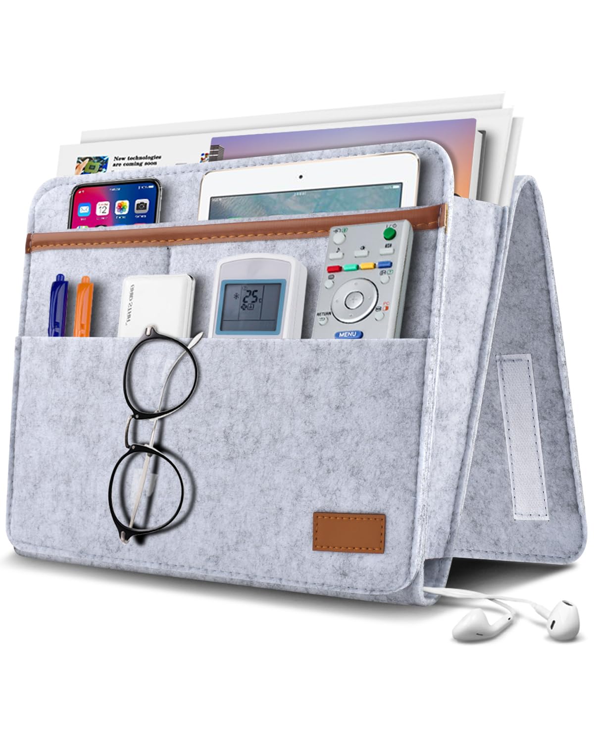 ERKOON Bedside Caddy Organiser, Bed Storage Pocket Felt Hanging Organizer Bag Anti-Slip, Magazine Phone Remote Holder for Home Bed Rails, Sofa, Bunk Beds - Grey