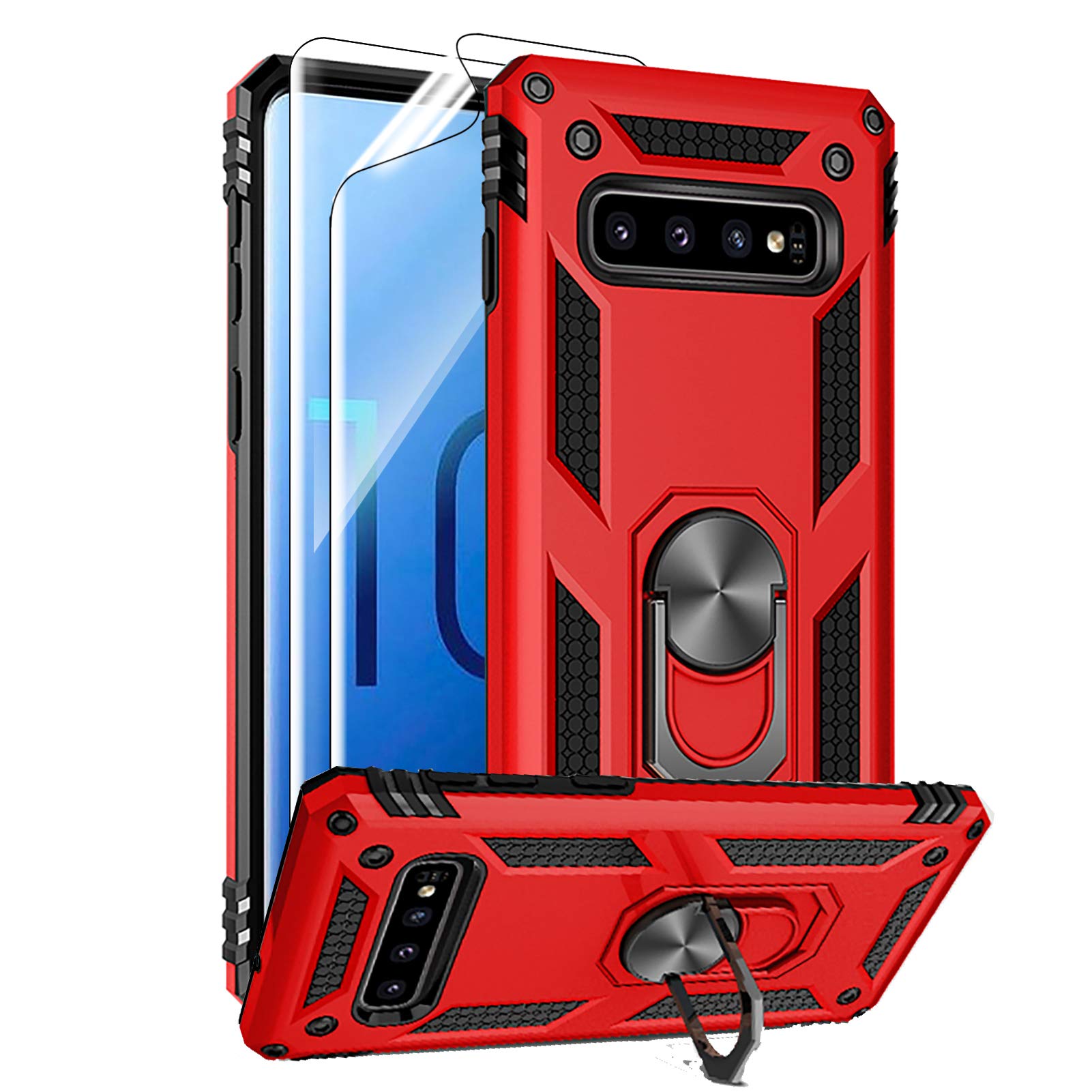 Androgate for Samsung Galaxy S10 Case with HD Screen Protectors, Military-Grade Metal Ring Holder Kickstand 15ft Drop Tested Shockproof Cover Case for Samsung Galaxy S10 (2019) Red